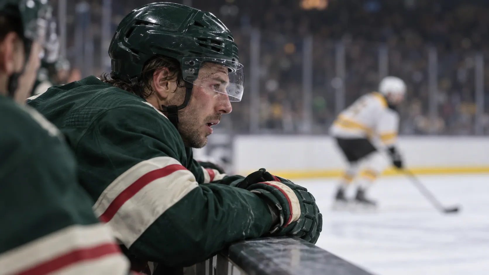 Hockey player in dark green leans on the bench boards  watching an opponent in white and gold skate past