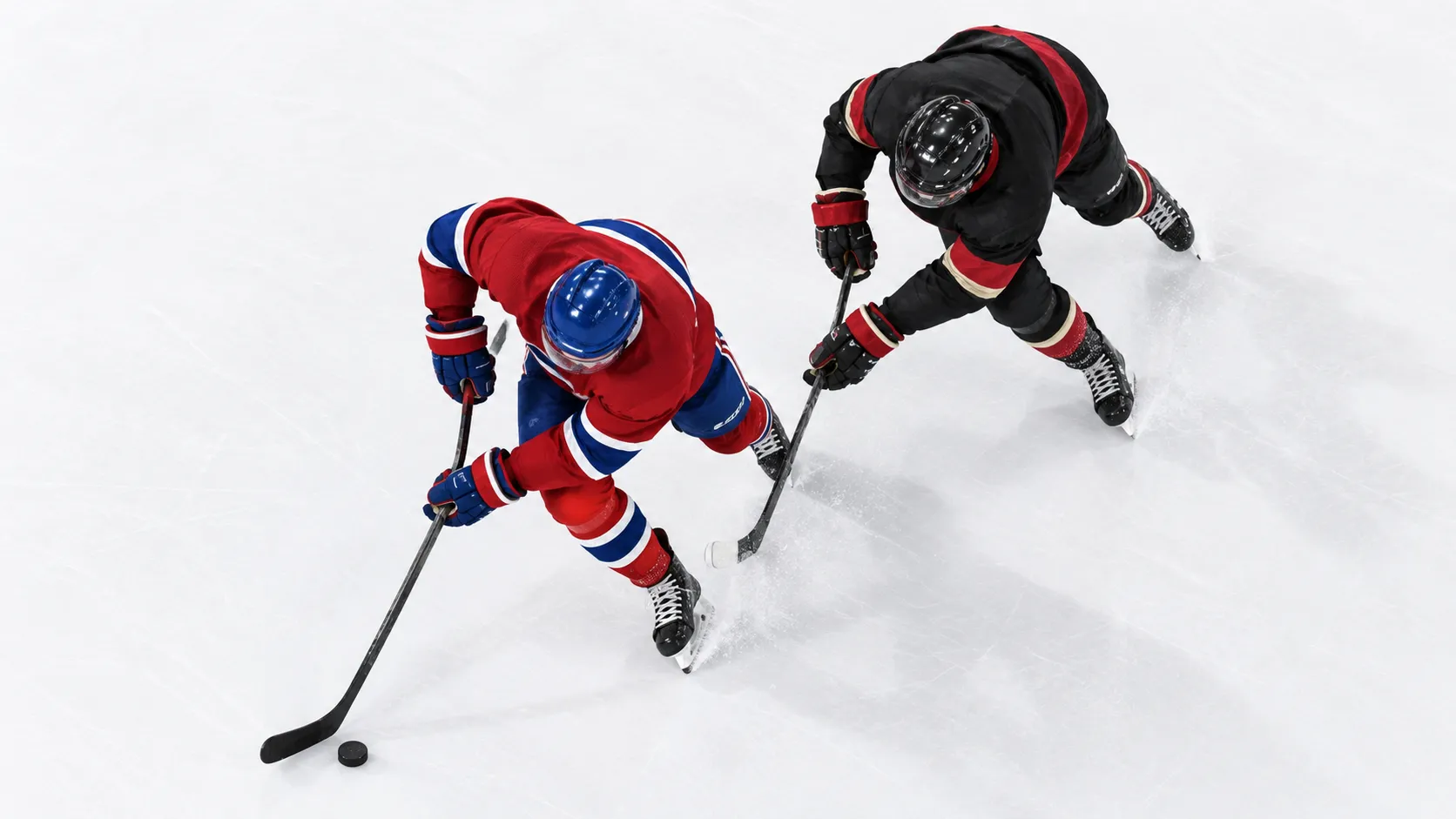 Hockey players in Canadiens red  blue and white and Senators black  red and gold on clean white ice