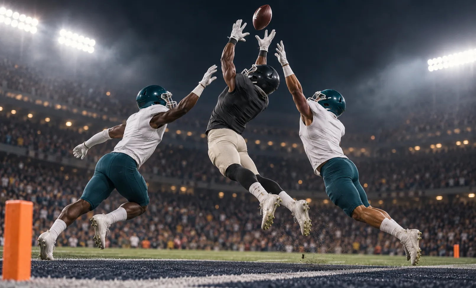 Nfl players jumping to grab the football