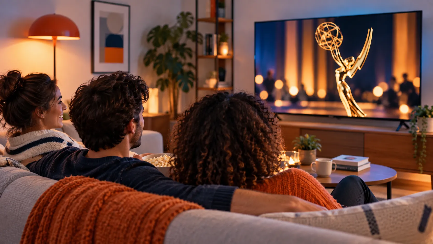 A group of people sitting on a couch watching the 2026 Emmys on the TV