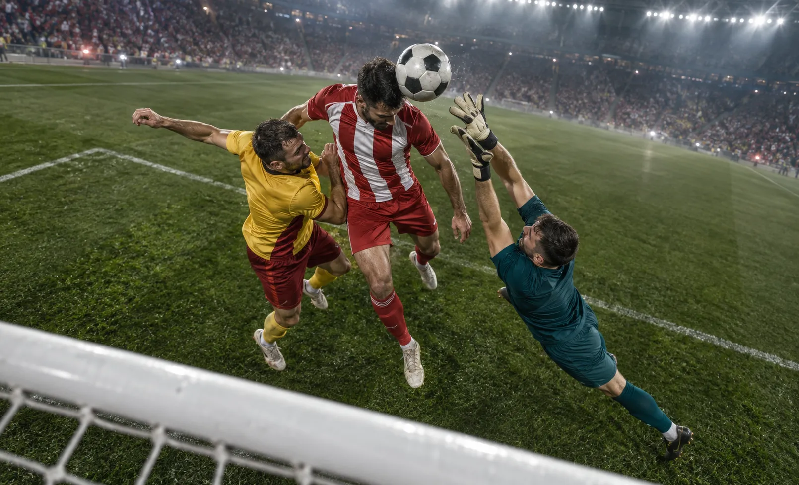 footballer hitting header in the goal against defender and goalkeeper