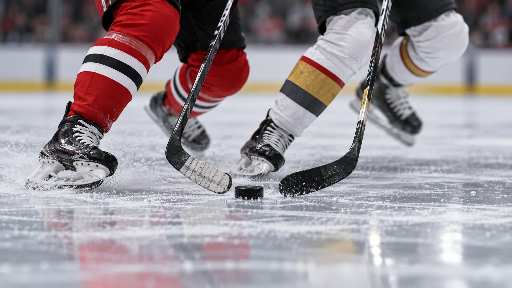 Close up of hockey players in red and white and gold socks contesting a puck with their sticks on scuffed ice