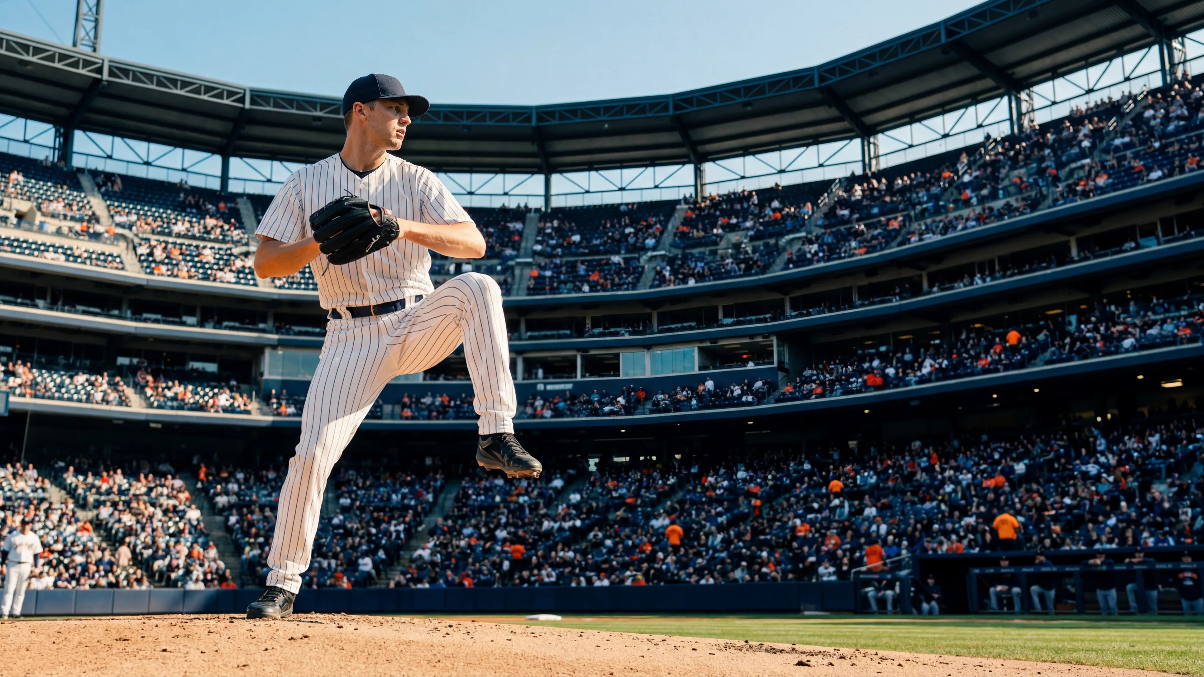 a baseball player about to throw the ball with a stadium background