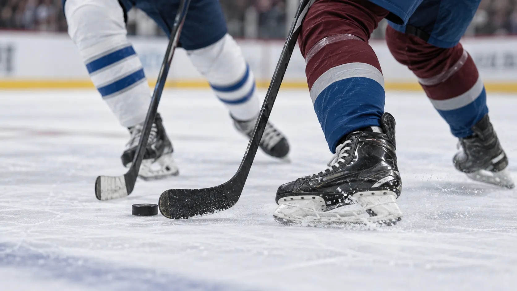 Ice level close up of skates and sticks contesting a puck  with players wearing Winnipeg Jets and Colorado Avalanche colours