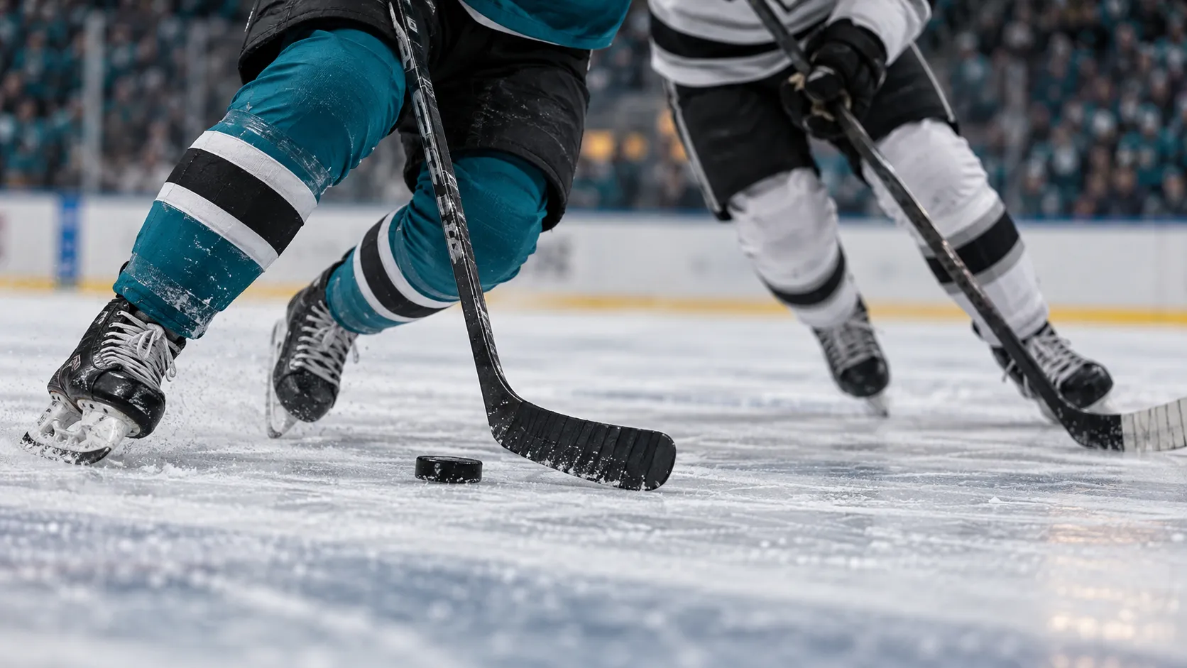 Rinkside puck battle in teal and white