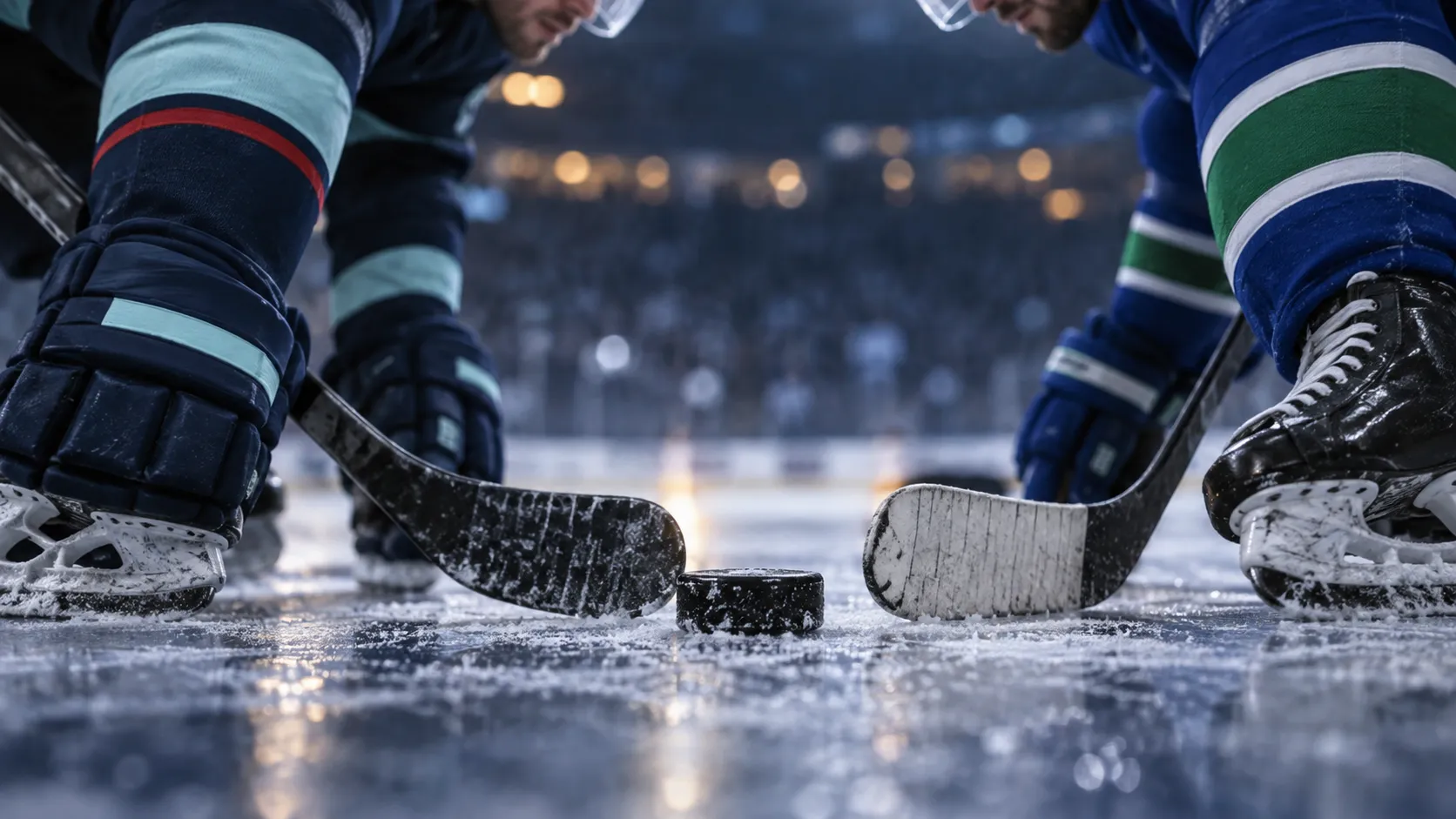 Close up of hockey sticks  skates and a puck on the ice before a faceoff