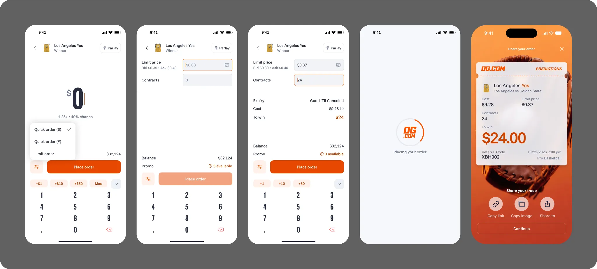 Screenshots of OG com platform when setting a limit price