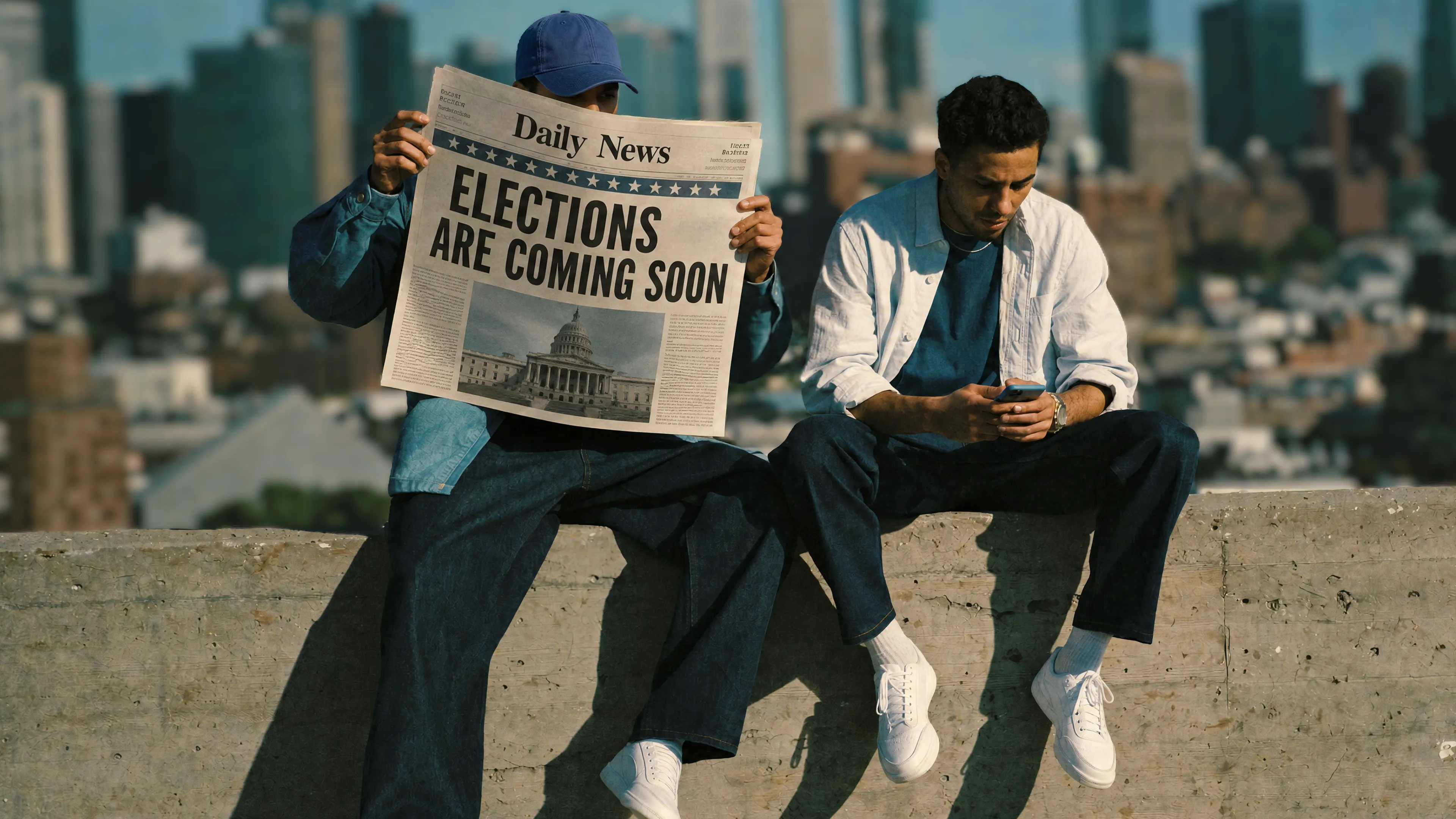 two men sitting on a wall with a city skyline in the background  one holding a newspaper with heading elections are coming