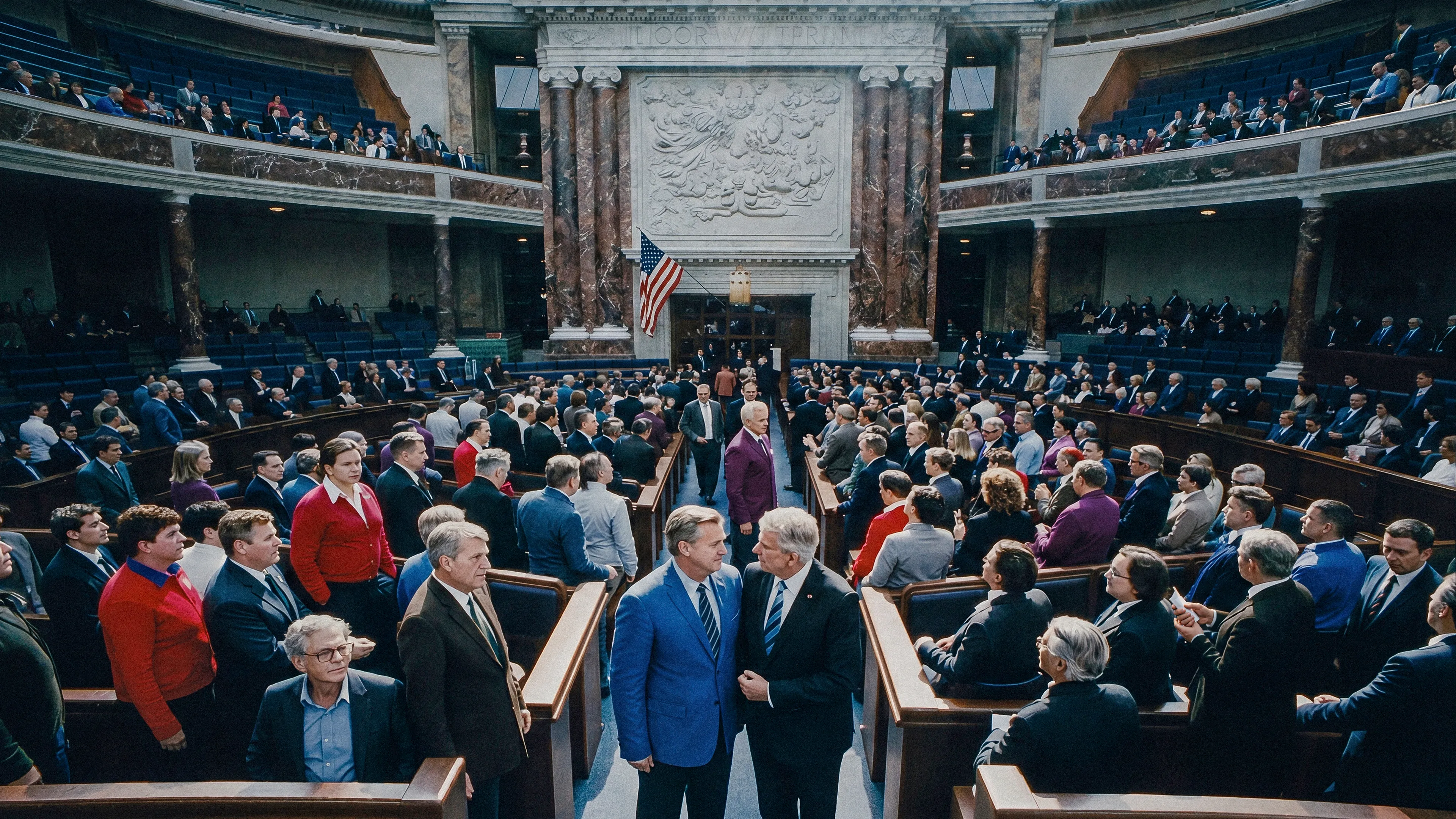 a group of people in a chamber with two men talking as the focus of the image