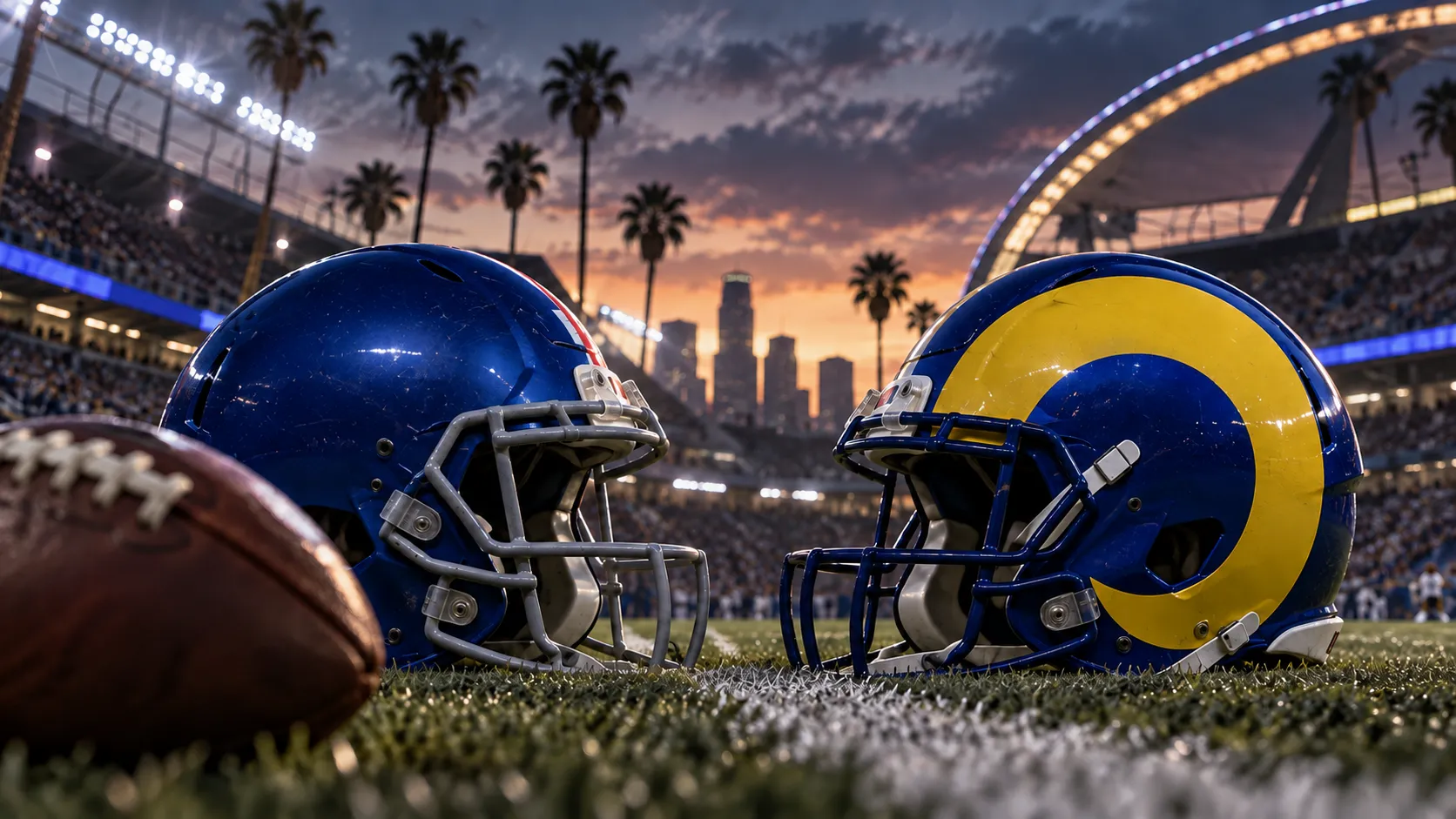 two football helmets on the ground in the stadium with a football