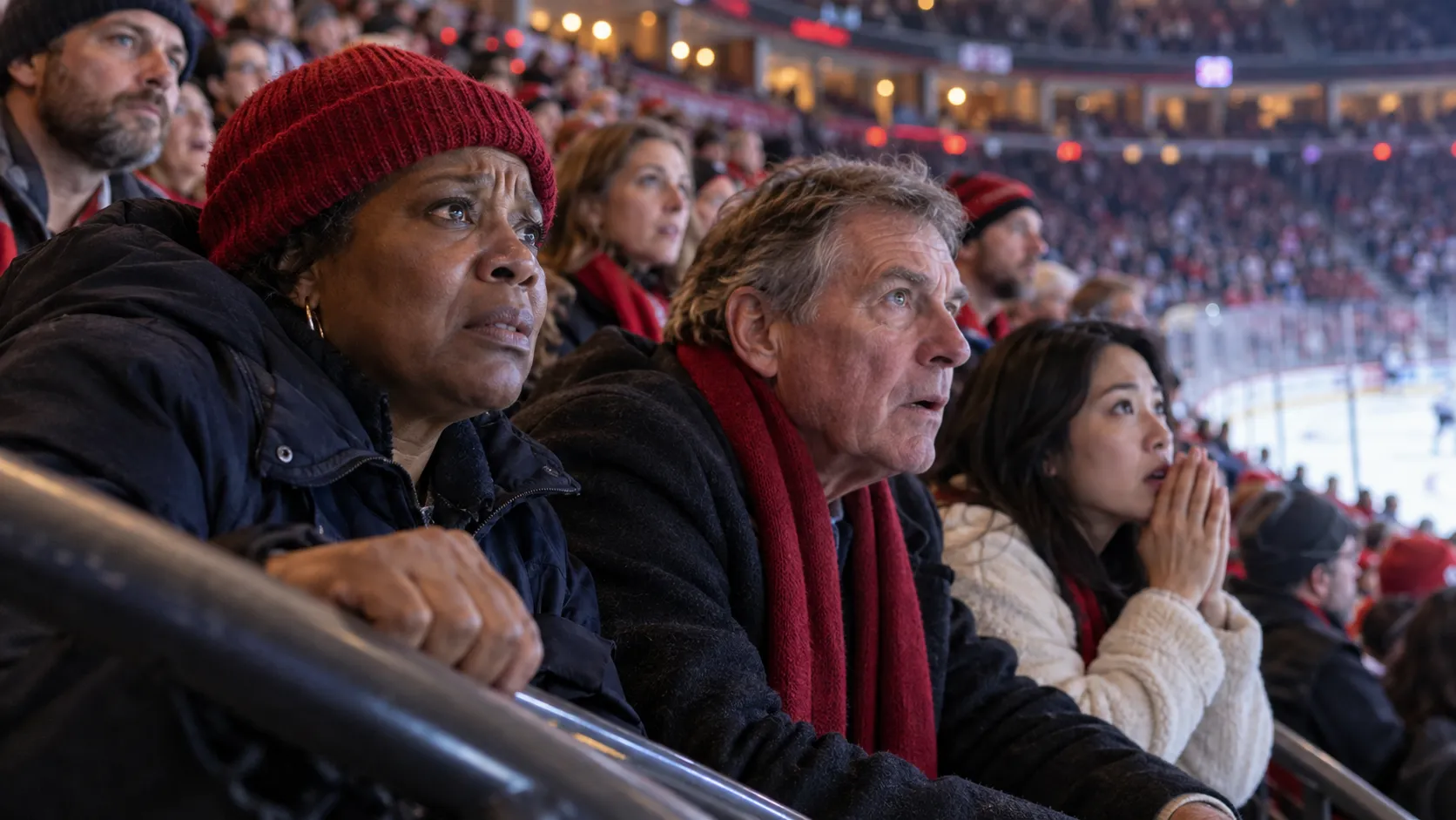 Hockey fans watch anxiously from the stands during a tense game