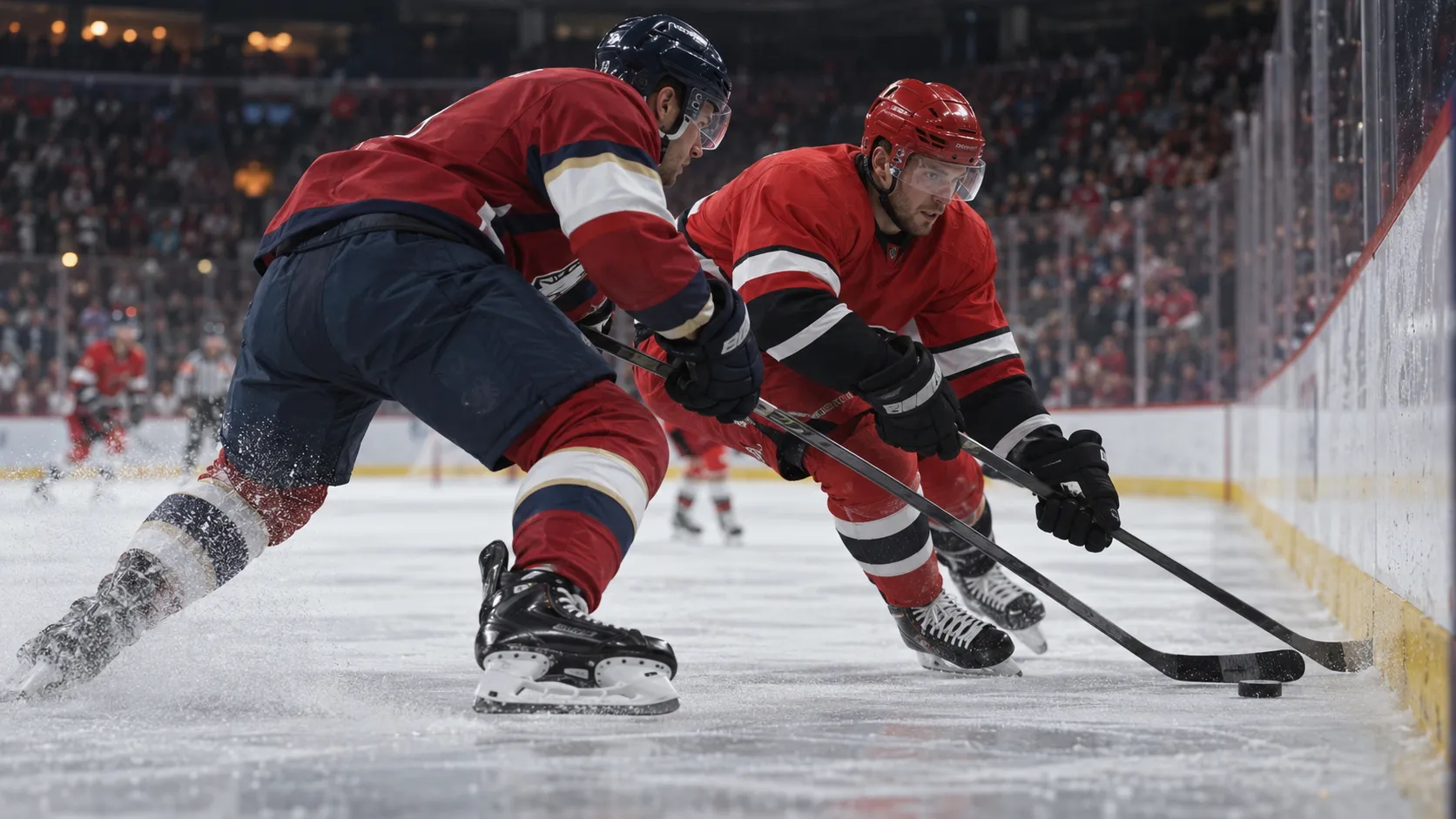 Two hockey players in red uniforms battle for the puck along the boards from a low  ice level angle