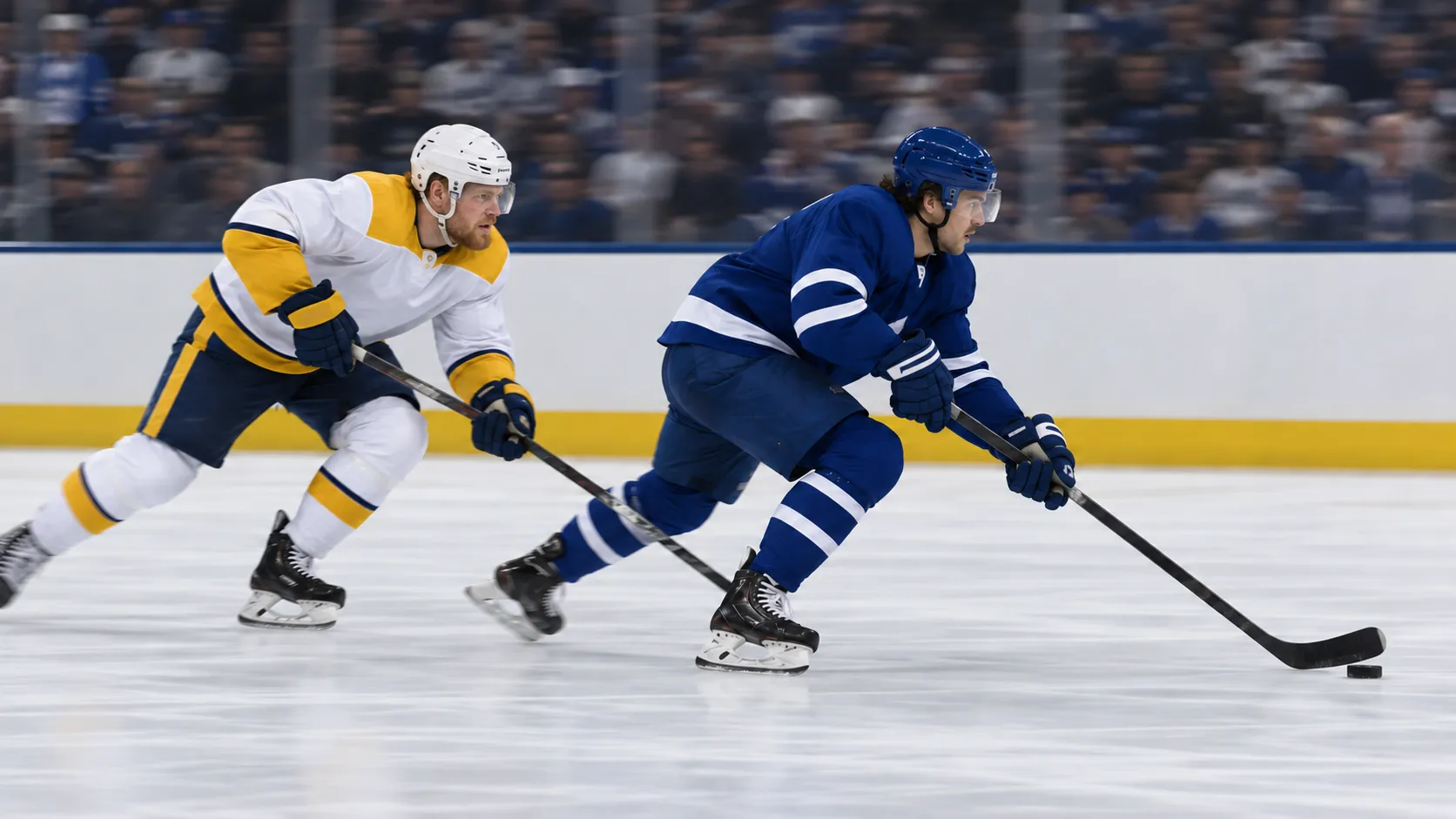 Hockey player in blue carries the puck as an opponent in white and gold pursues  with motion blur across the ice and crowd