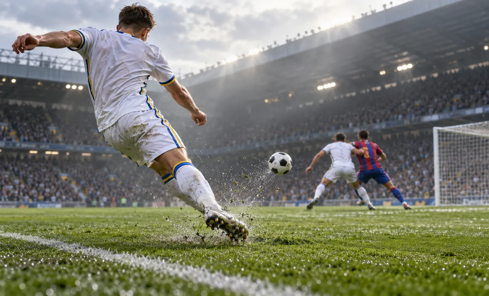 football player hitting ball towards goal