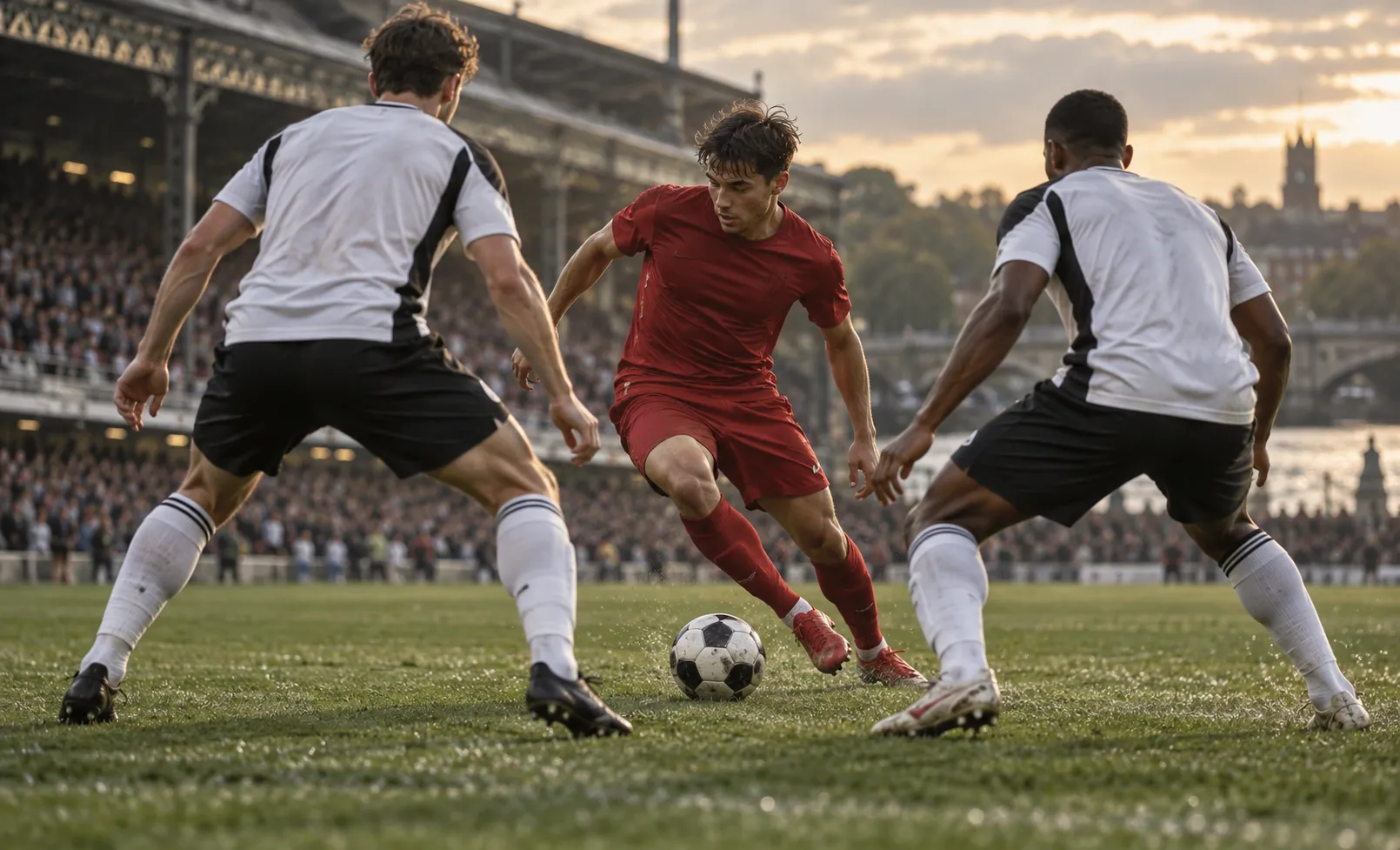 football player trying to go past two defenders