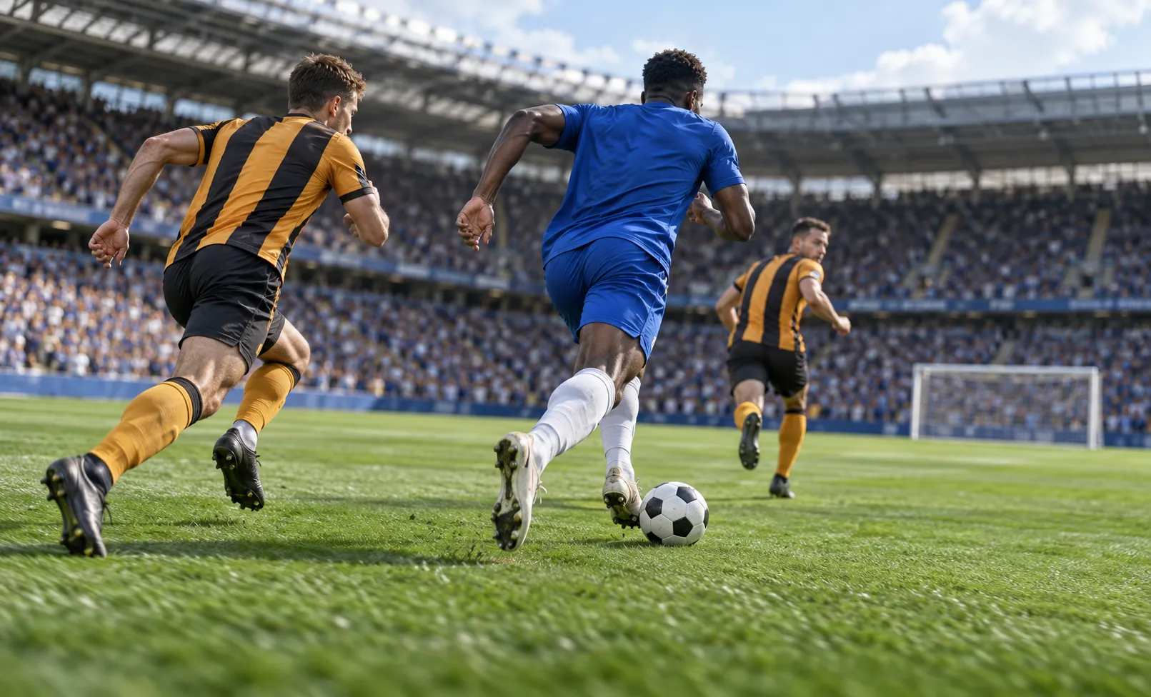 premier league match players run with the ball towards the goalpost