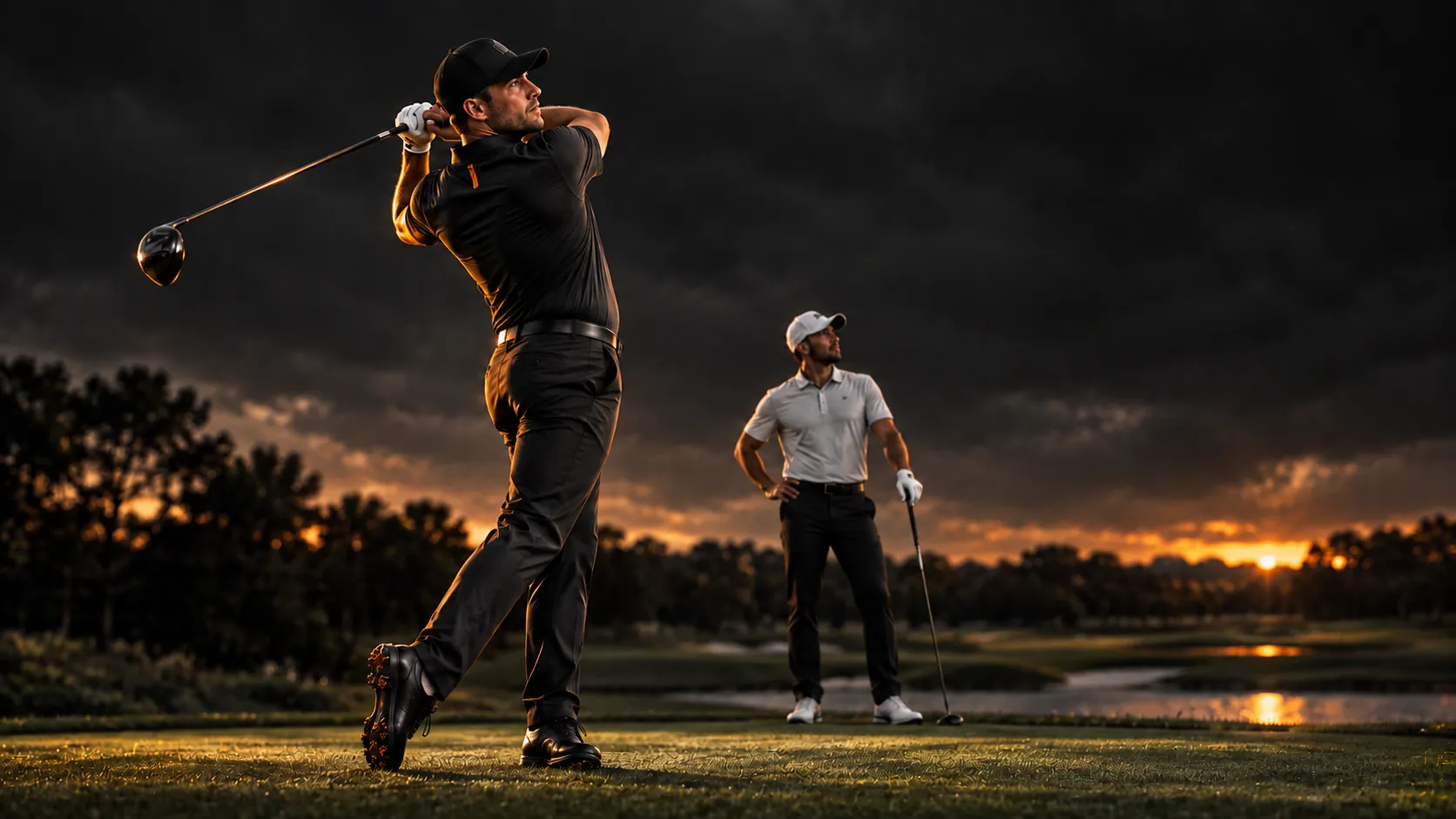 Two golfers playing a game with one having just swung the ball and the other looking on