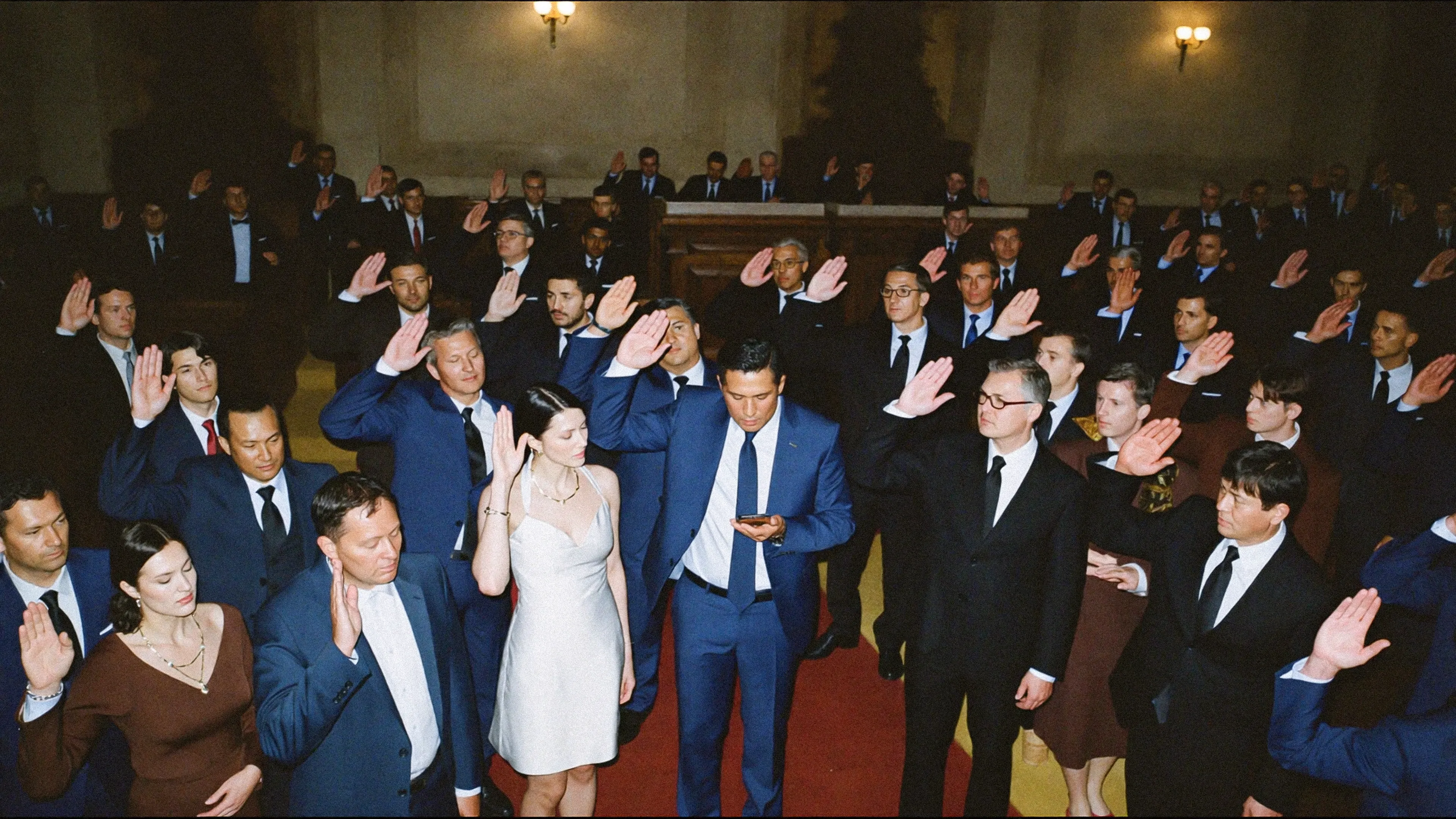 a group of people in a chamber with raised hands voting