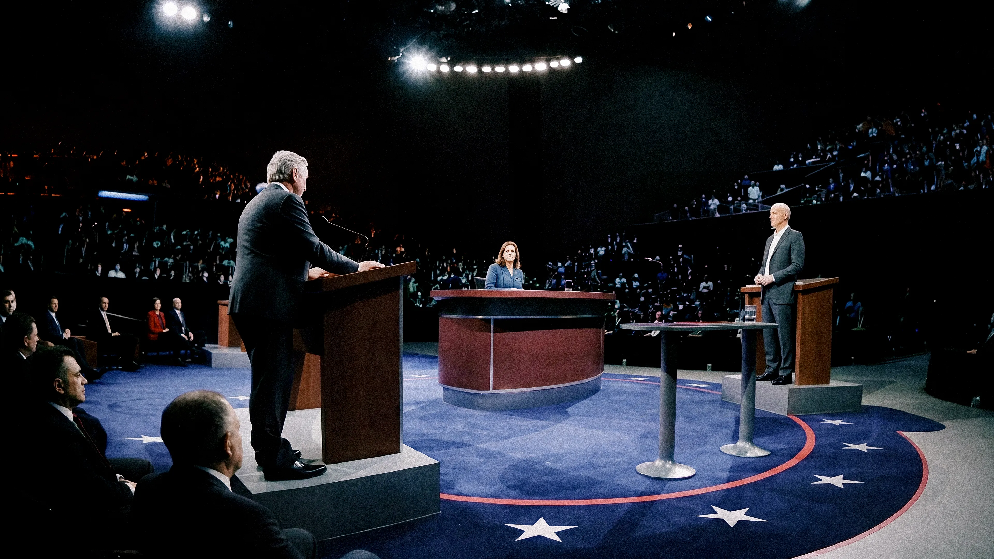 two politicians debating on a stage