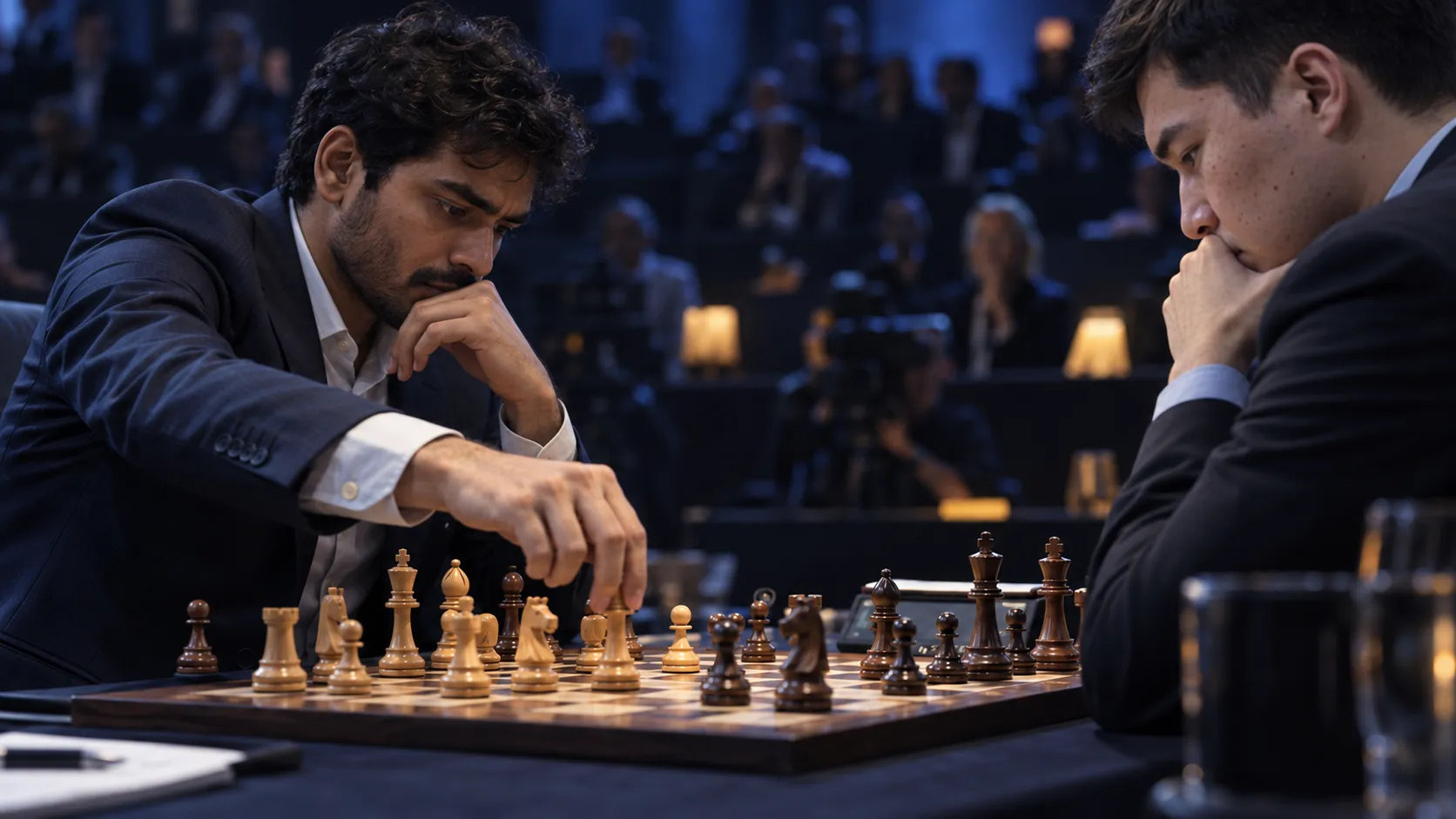 Male chess finalists concentrate over the board during a chess championship